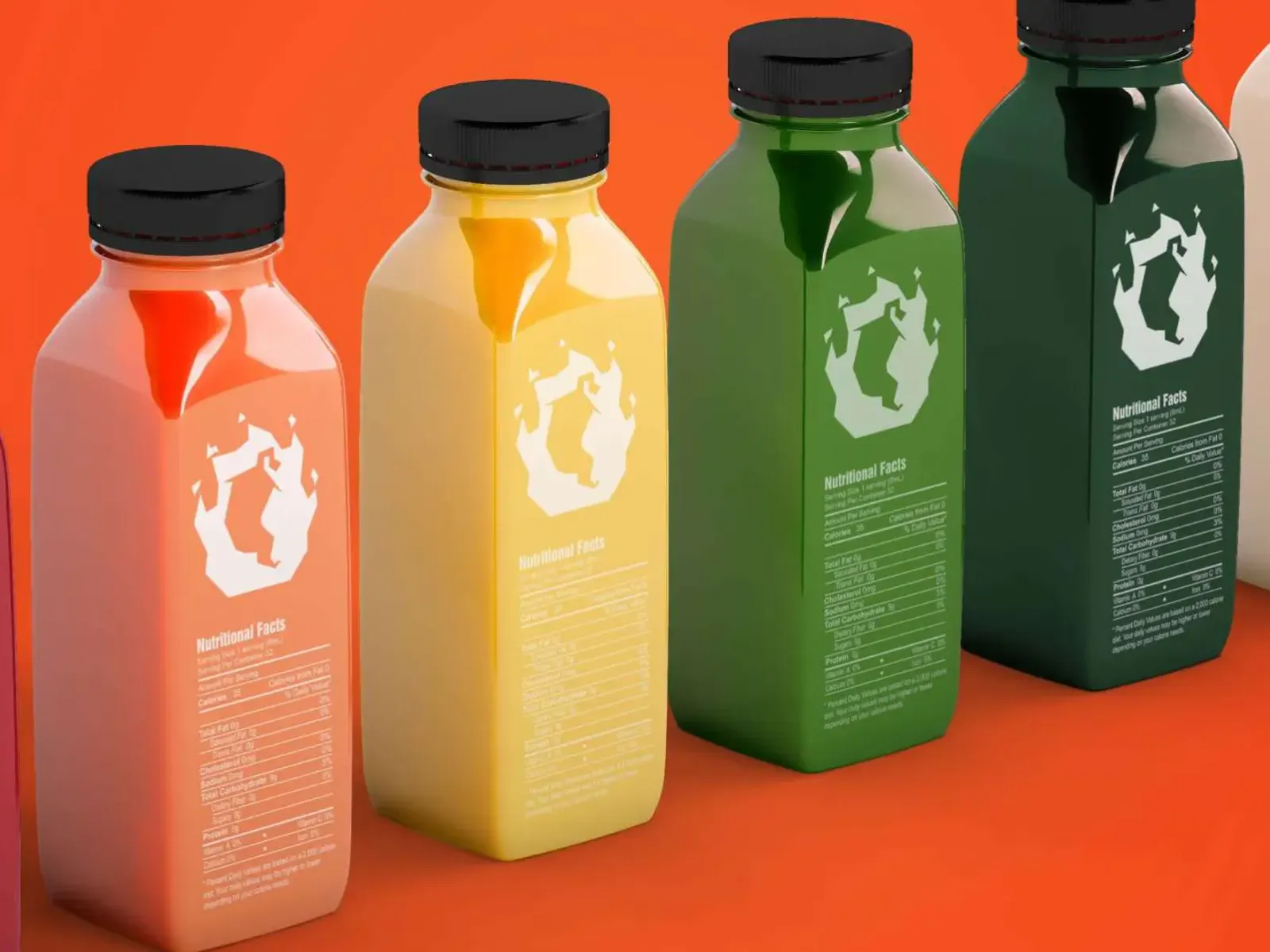 Colorful beverage bottle lineup in red, orange, yellow, and green with consistent branding design