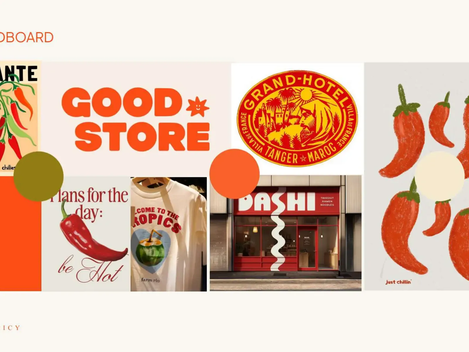 Moodboard showcasing spicy food branding elements including PICANTE, GOOD STORE, chili peppers, and restaurant concepts